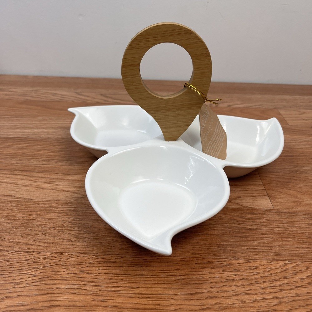 Brandani White Porcelain/Bambo Italian‎ Appetizer Candy Serving Dish NEW
